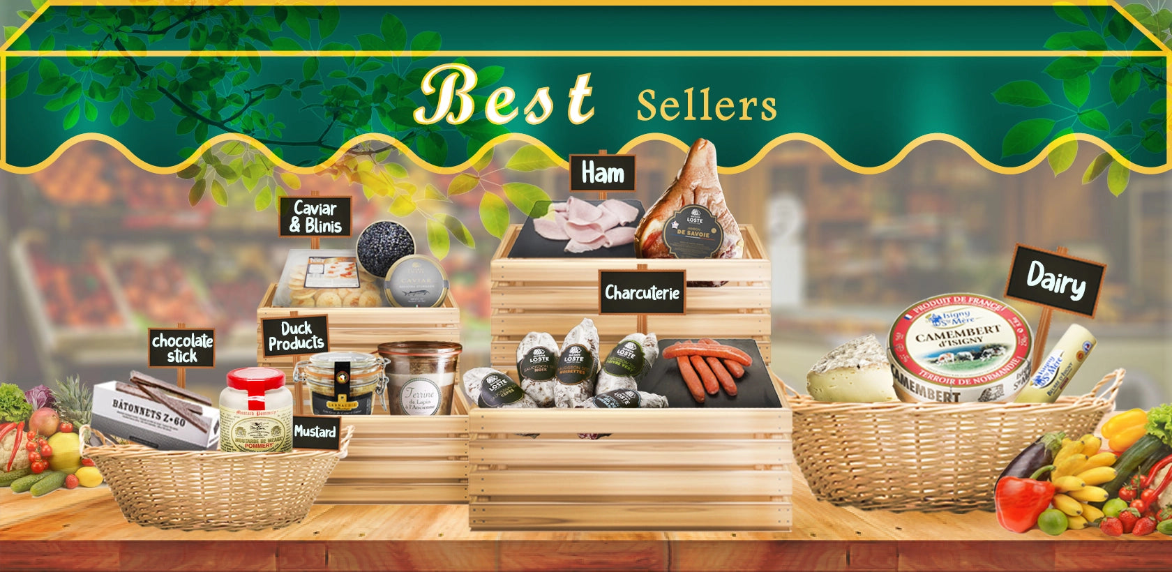 Best seller products in baskets at storefront